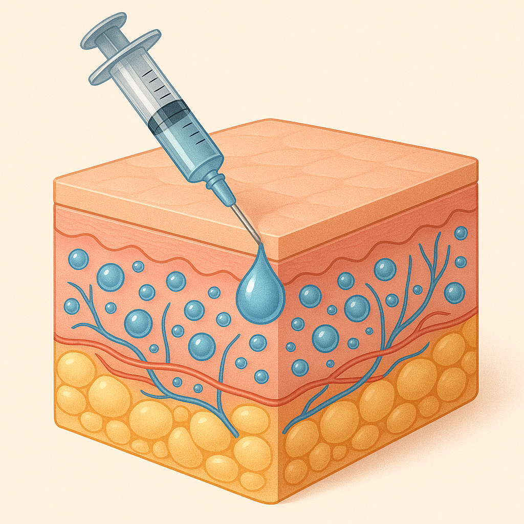 Illustratie van een hyaluronzuurinjectie in een doorsnede van de huid, met zicht op de epidermis, dermis en onderhuids vetweefsel.