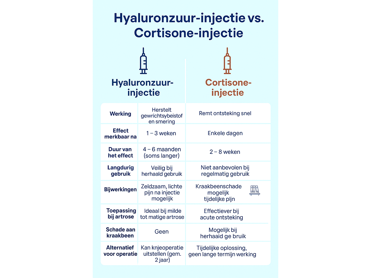 Afbeelding van het verschil tussen een hyaluronzuur-injectie en een cortisone-injectie bij knieartrose