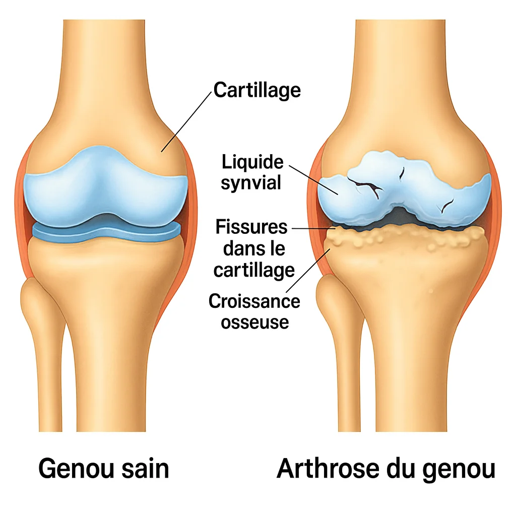 Illustration médicale comparant un genou sain et un genou atteint d’arthrose, avec indications du cartilage, du liquide synovial, des fissures du cartilage et de la croissance osseuse.