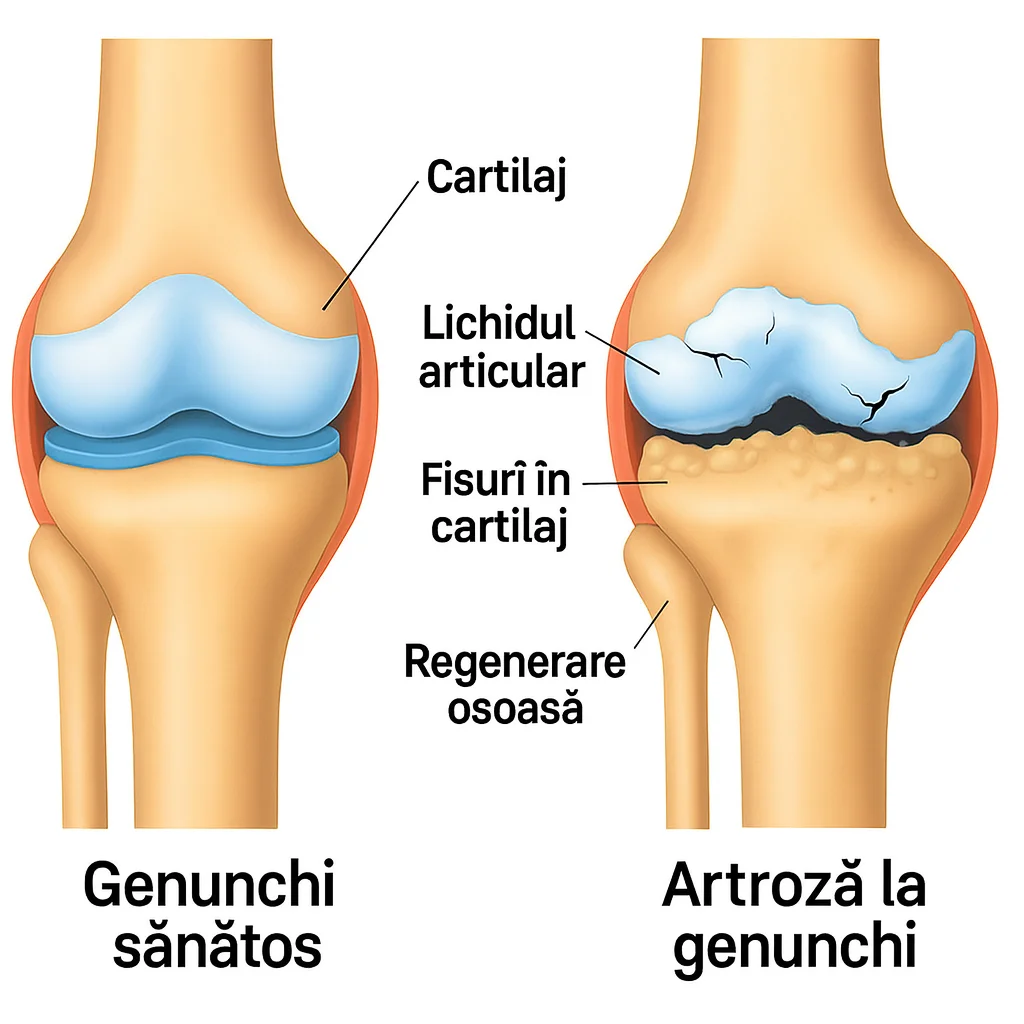 Comparație între un genunchi sănătos și un genunchi cu artroză: cartilaj, lichid articular, fisuri în cartilaj și creșteri osoase.