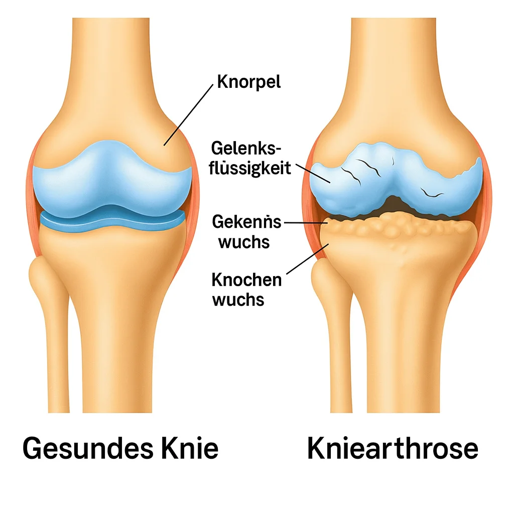 Vergleich zwischen gesundem Knie und Kniearthrose – Knorpel, Gelenkflüssigkeit, Risse im Knorpel und Knochenwuchs.