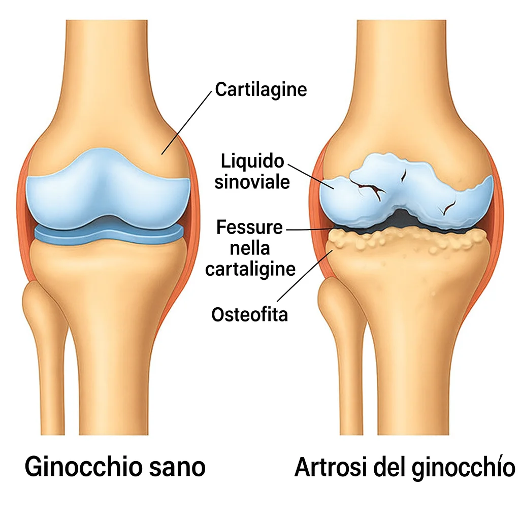 Confronto tra ginocchio sano e ginocchio con artrosi. Il ginocchio sano mostra cartilagine liscia e liquido articolare. Con artrosi compaiono fessure nella cartilagine e crescita ossea.