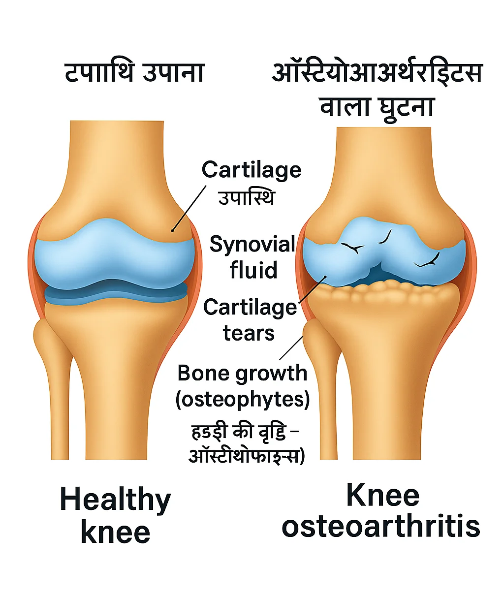 स्वस्थ घुटना बनाम ऑस्टियोआर्थराइटिस घुटना – cartilage, synovial fluid, cartilage tears और bone growth की तुलना (Healthy vs osteoarthritis knee joint illustration).
