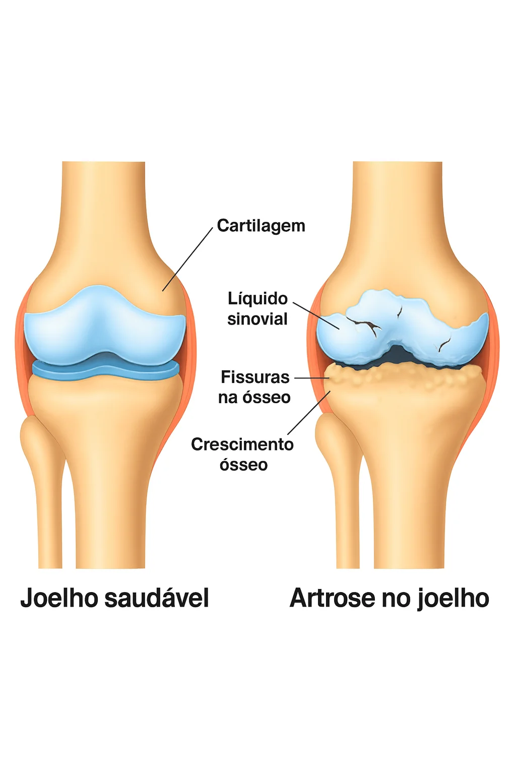 Ilustração médica comparando um joelho saudável com um joelho com artrose, mostrando cartilagem, líquido sinovial, fissuras na cartilagem e crescimento ósseo.