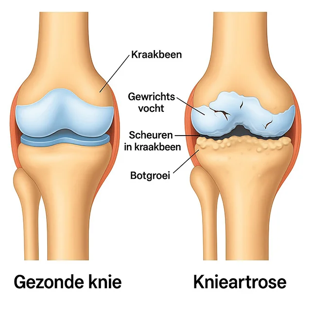 Medische illustratie waarin een gezonde knie en een knie met artrose worden vergeleken, met aanduiding van kraakbeen, gewrichtsvloeistof, scheurtjes in het kraakbeen en botgroei.