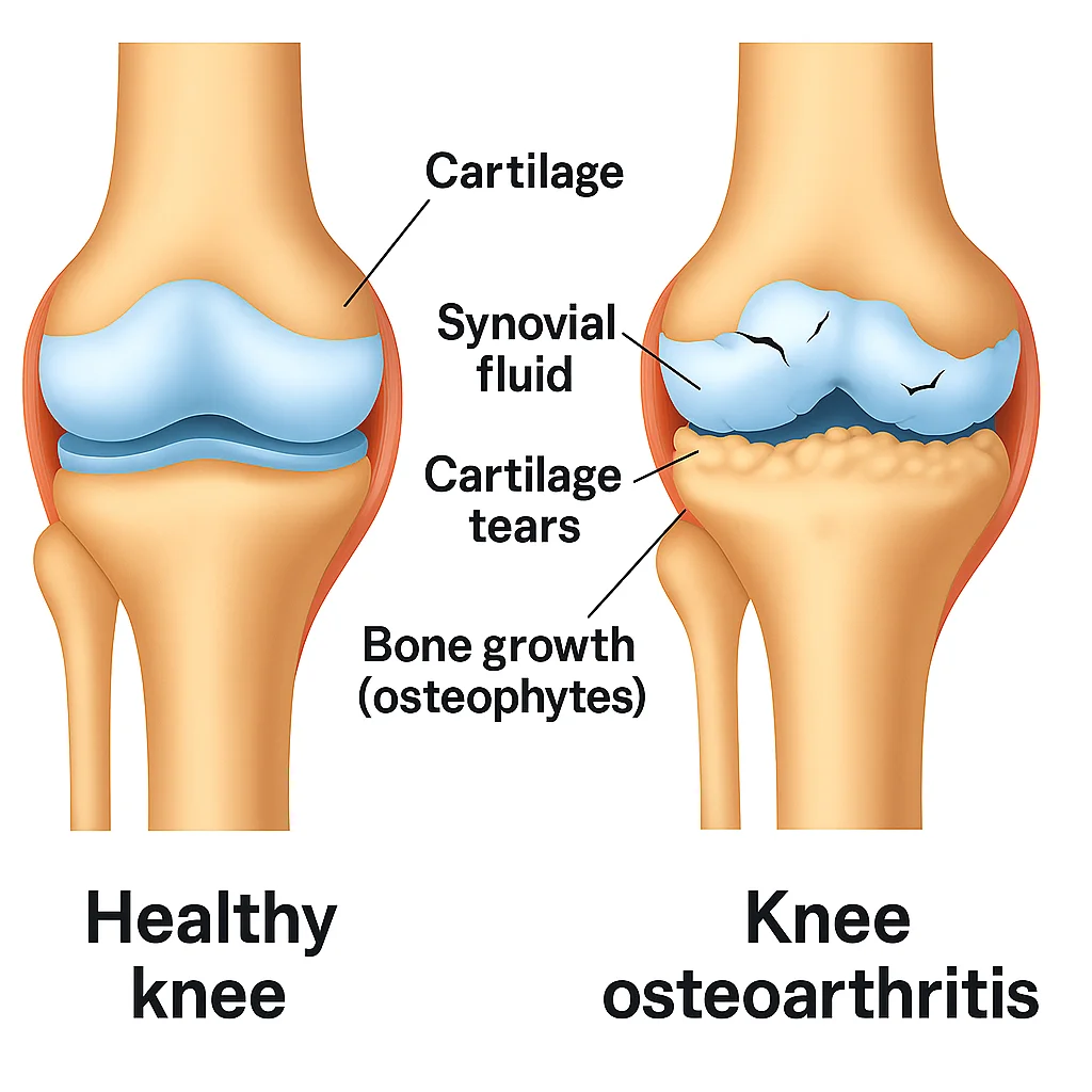 Medical illustration comparing a healthy knee with knee osteoarthritis, showing cartilage, synovial fluid, cartilage tears, and bone growth (osteophytes)