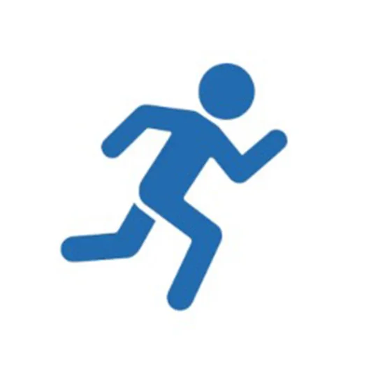 Blue icon of a running person, symbolizing long-term results and restored knee function.