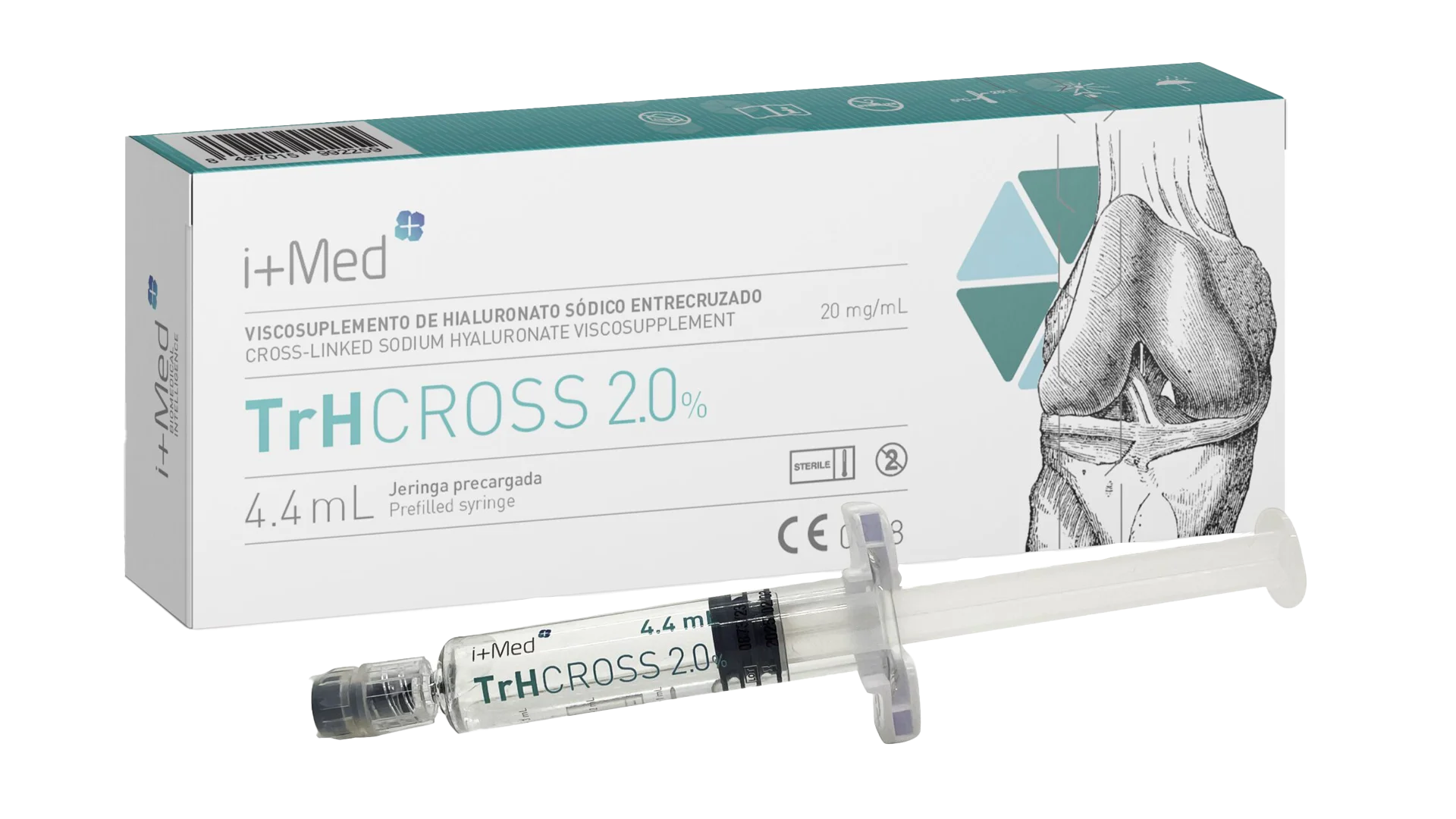 Productfoto TrHCROSS 2.0%, doos met spuit en hyaluronzuurinjectie voor knieartrose, afbeelding in groot formaat.