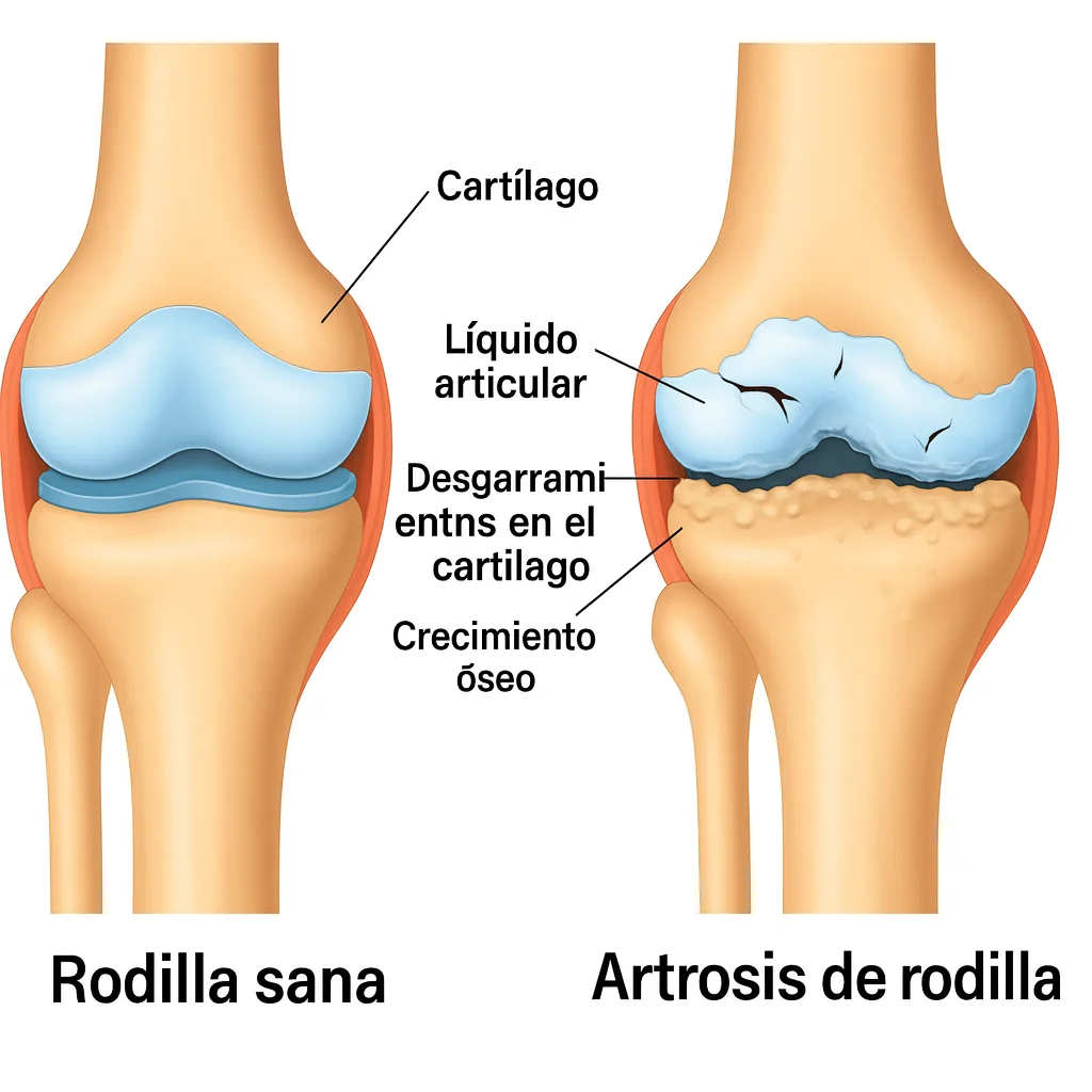 Ilustración médica comparando una rodilla sana y una rodilla con artrosis, mostrando cartílago, líquido sinovial, grietas en el cartílago y crecimiento óseo.