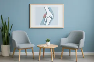 Salle d’attente digitale de Knieherstel avec schéma du genou – contact et conseil médical pour douleurs et arthrose du genou.