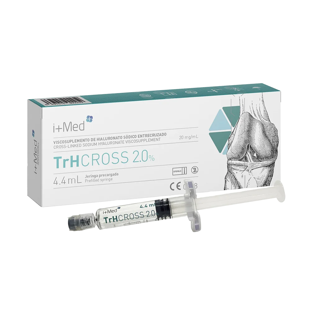 Productfoto TrHCROSS 2.0%, doos met spuit en hyaluronzuurinjectie voor knieartrose, afbeelding in klein formaat.