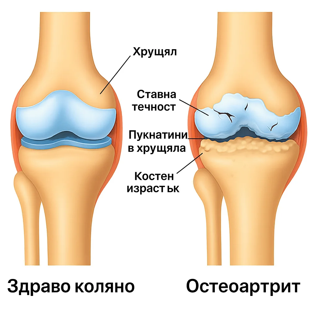 Сравнителна схема на здраво коляно и коляно с остеоартрит: хрущял, ставна течност, пукнатини в хрущяла и костни израстъци.