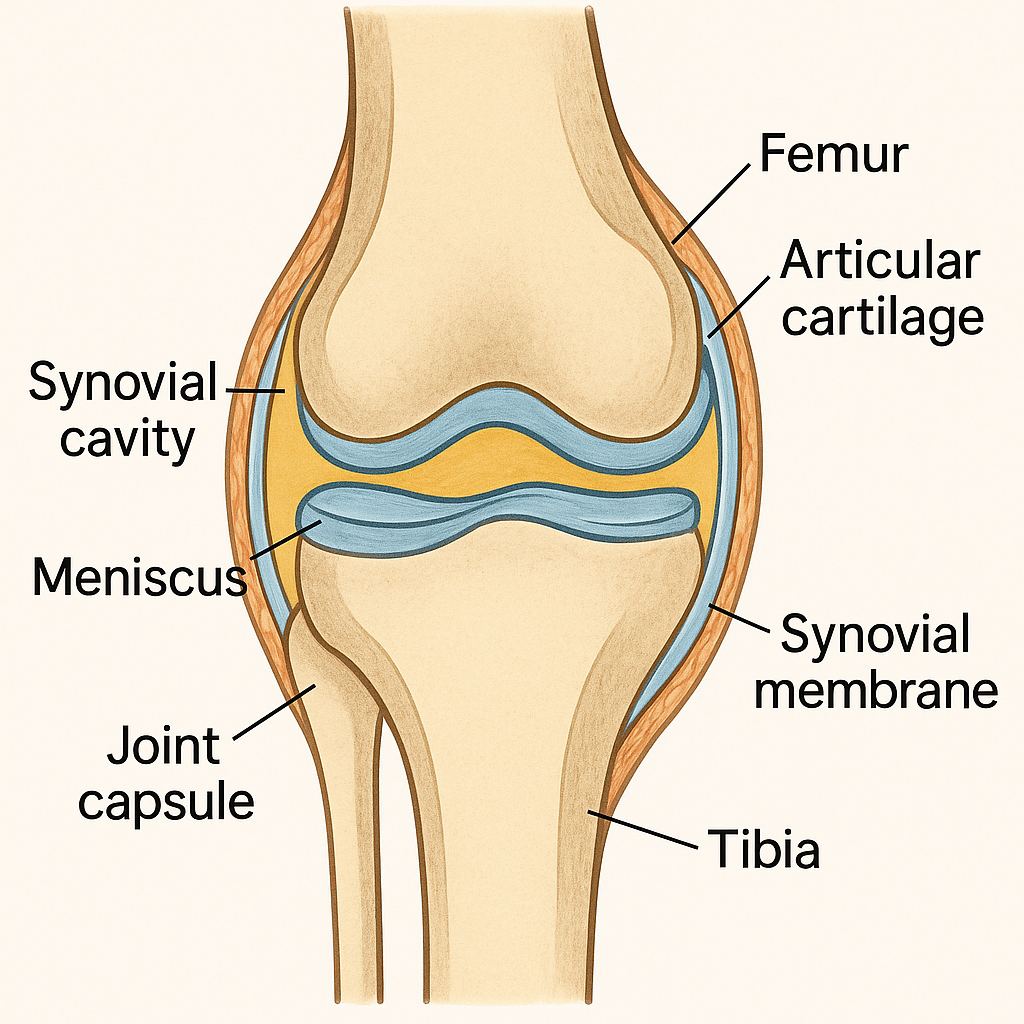 Schematische illustratie van het kniegewricht met labels voor femur, tibia, meniscus, gewrichtskraakbeen, synoviale membraan, gewrichtskapsel en synoviale holte.